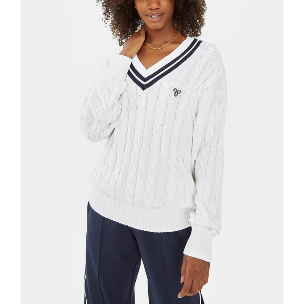 TNA Aritzia White V Neck Cable Knit Clay Sweater